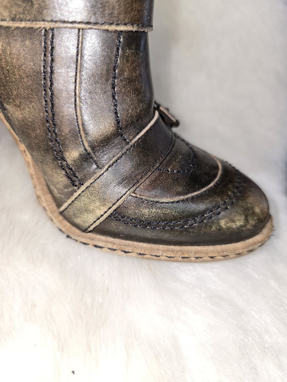 Schuler & Sons Side Zip Triple Buckle Heel Distressed Ankle Boot - Picture 7 of 16